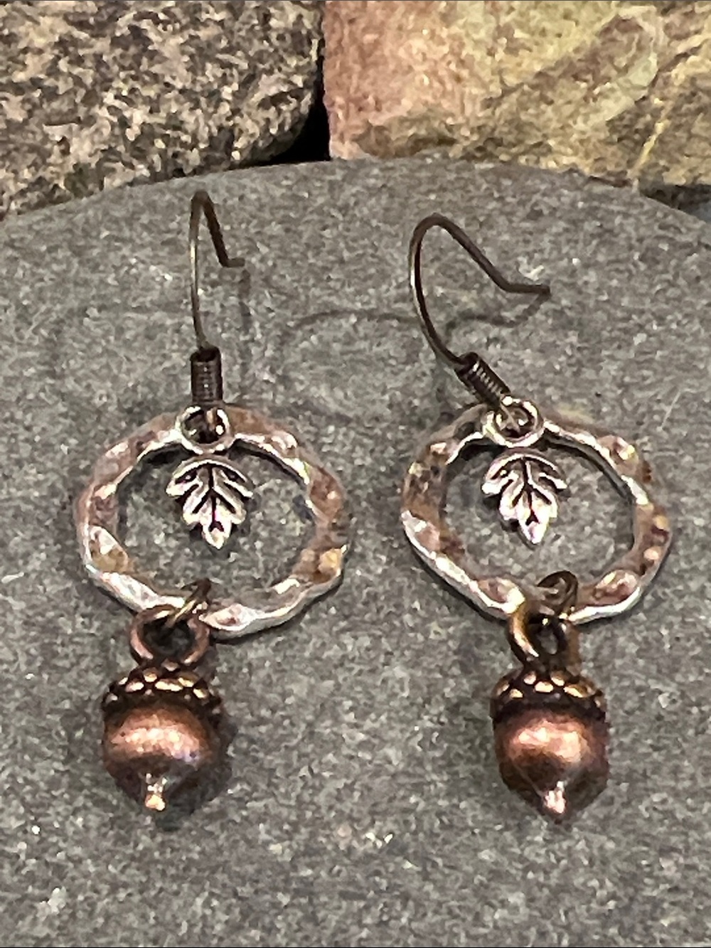 Fall Festival dangle earrings, an acorn & tiny oak leaf charms on surgical steel